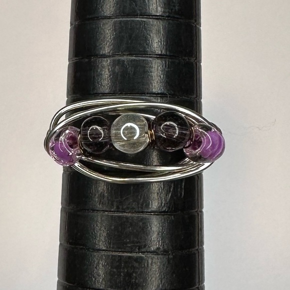 Purple ring handmade silver color wire wrapping glass beads - Picture 3 of 5
